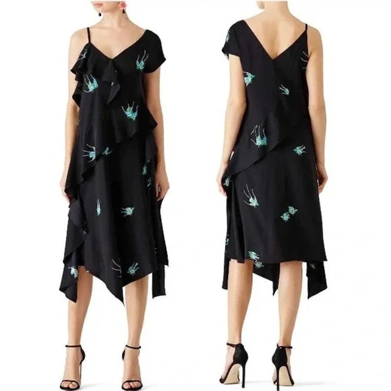 Diane Von Furstenberg Black Bird Print Asymmetric Silk Jersey Ruffle Dress